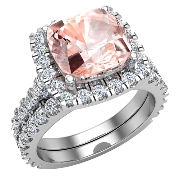 Pink Morganite Cushion Cut Halo Diamond Wedding Rings for Women 14K White Gold 3.30 CTW (G,SI)