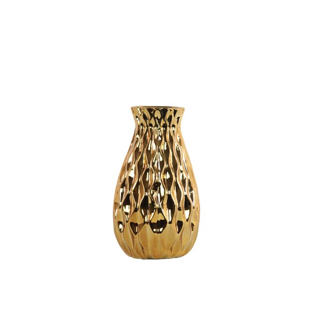 Vase Rond en Céramique avec Motif Ondulé Gaufré Fini Chrome Doré