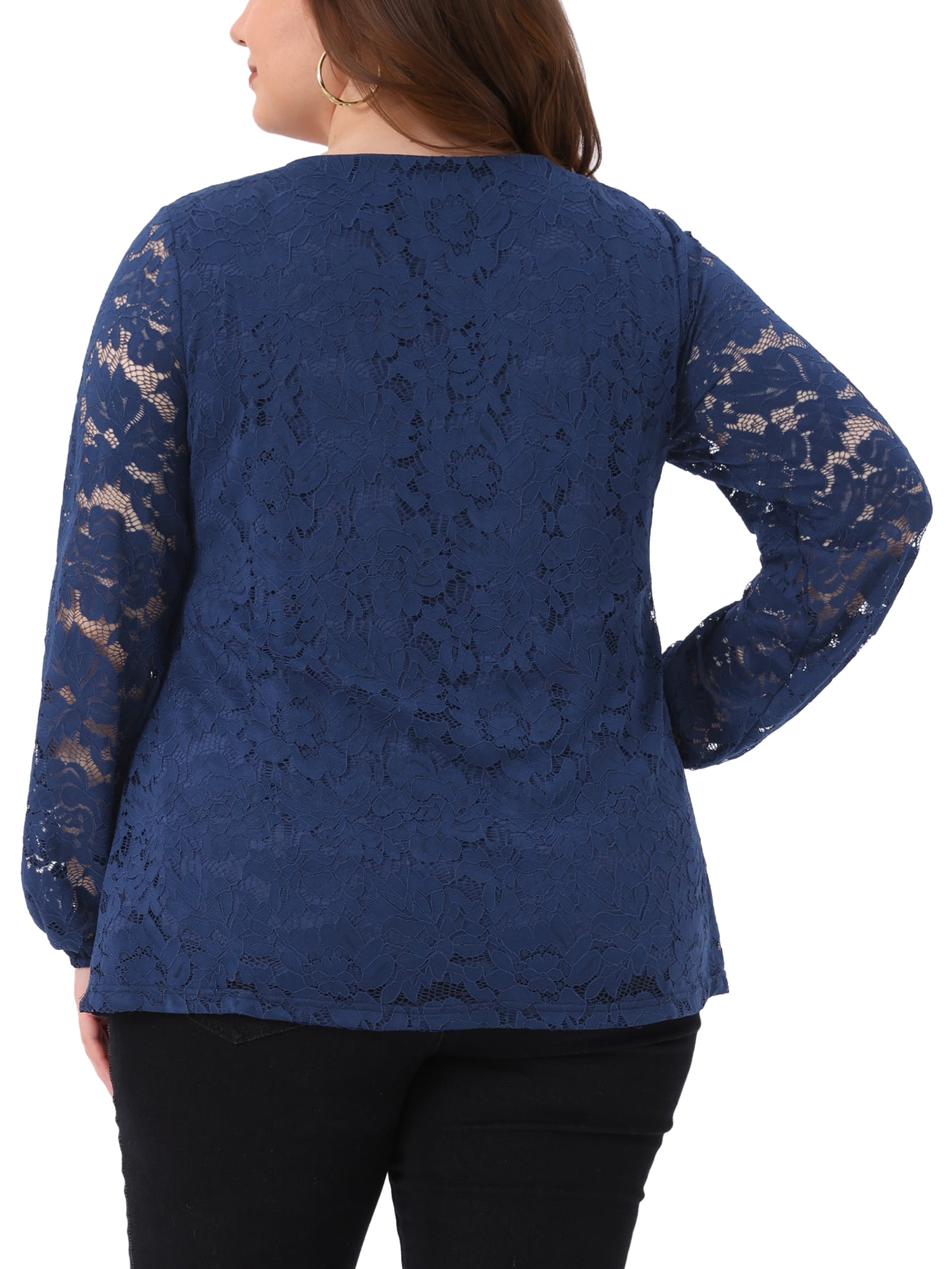 Women's Plus Lace Blouse Cross V Neck Sheer Double Layers Long Sleeve Shirt Tops 4X Royal Blue
