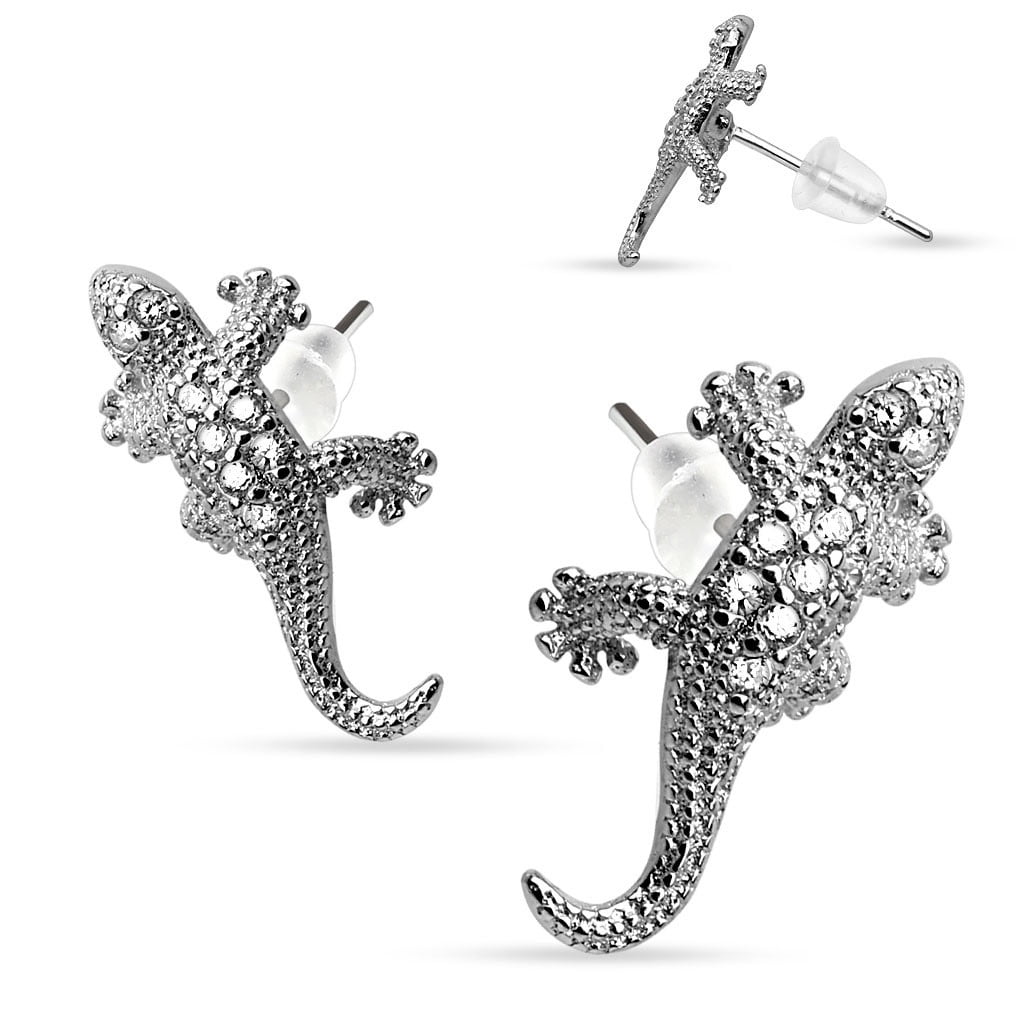 Pair of .925 Sterling Silver Multi Paved Gems Lizard Stud Earrings