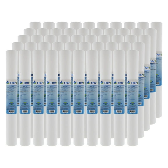 Tier1 1 Micron 20 Inch x 2.5 Inch | 50-Pack Spun Wound Polypropylene Whole House Sediment Water Filter Replacement Cartridge | Compatible with Pentek P1-20, SP-P1-20, PX01-20, Home Water Filter