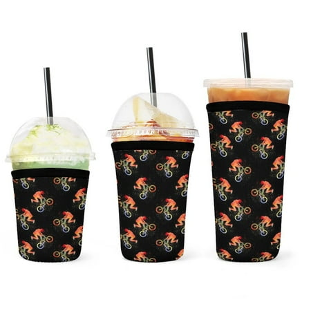 

Set of 3 Packs Reusable Hot And Iced Coffee Cup Sleeve Neoprene Tumbler Sleeve Cycling Watercolor On Black(16 24 32oz)