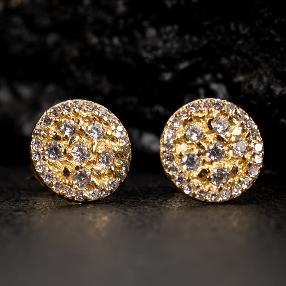 Men’s Round 14K Yellow Gold Plated 925 Sterling Silver Screw Back Post Circle Retro 90's Cz Hip Hop Solid Gold Nugget Stud Earrings