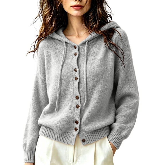 Vynhevius Women's Hooded Cardigan Sweater Solid Knit Button Down Loose Fit Soft Casual Daily Wear Tops