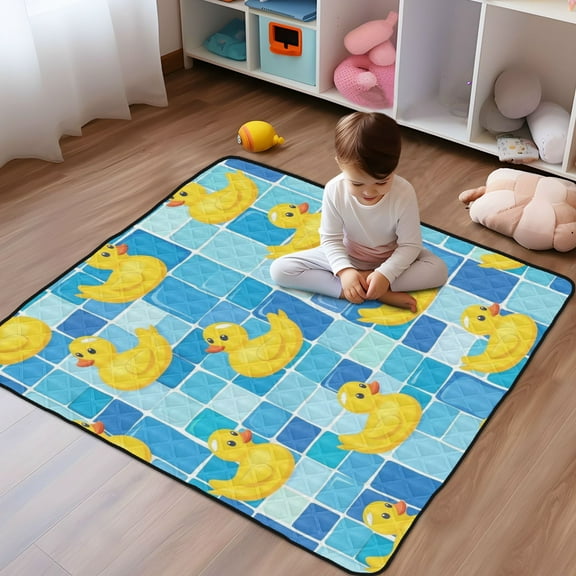WOBOGO Tile Yellow Duck Baby Playmats Extra Large Waterproof Rollable Activity Pads for Toddlers 50×50inch