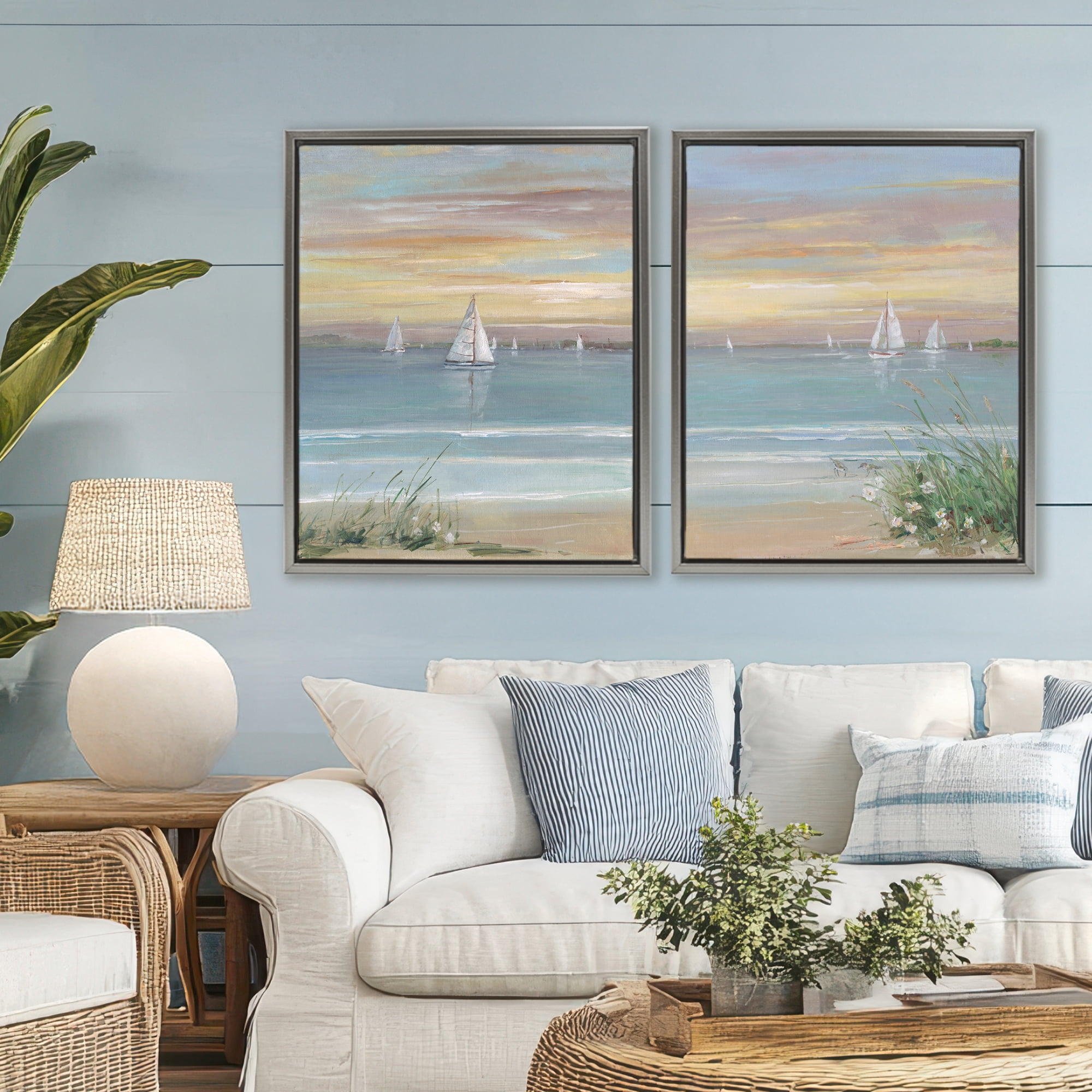 Stupell Industries Summer Shore Panorama 2 Piece Gray Framed Floater Canvas Set, design by Sally Swatland
