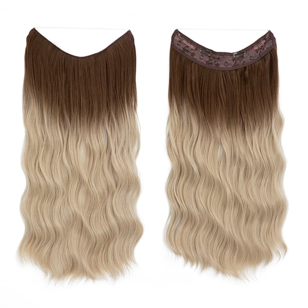 Xiao Hua Extensiones de cabello de alambre, gruesas, rizadas, onduladas, invisibles, con clip, sintéticas, para mujer, 16 pulgadas, de negro a dorado claro.