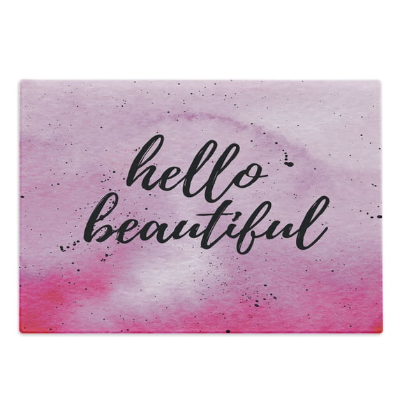 Hello Cutting Board, Romantic Phrase with Hand Lettering and Color Splashes on Backdrop, Decorative Tempered Glass Cutting and Serving Board, Large Size, Lilac Magenta Black, by Ambesonne