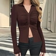 thumbnail image 3 of TKLPEHG Womens Button Down Shirts V Neck Collared Ruched Slim Fit Long Sleeve Shirt Casual Fall Fashion Ladies Tops (Brown,XXL), 3 of 6