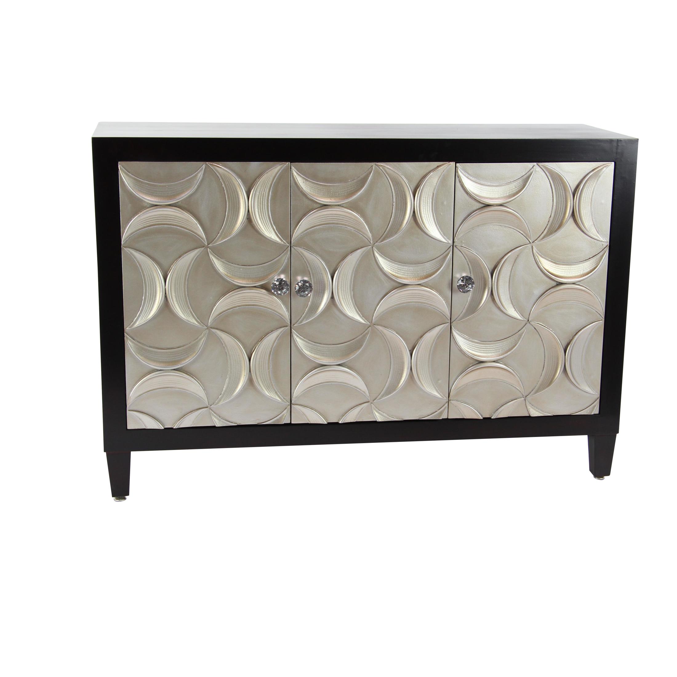 DecMode Modern Wood 3 Door Cabinet with Black/Silver Finish and Crescent Moon Design, 47"W x 32"H
