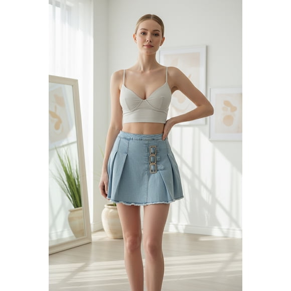Mini fada plisada con short licra y hebillas decorativas Mezclilla claro Grande