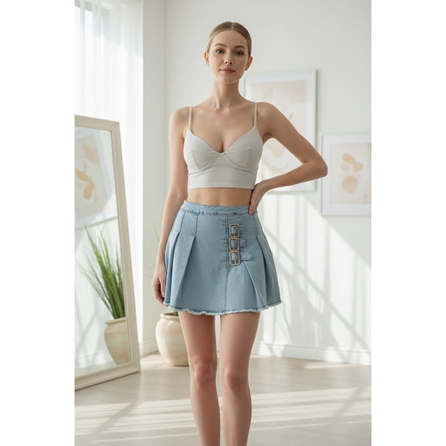 Mini fada plisada con short licra y hebillas decorativas Mezclilla claro Grande
