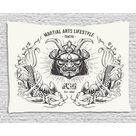 - Asian Tapestry, Traditional Japanese Samurai Mask Koi Fish Martial Arts Lifestyle Tokyo Typography, Wall Hanging for Bedroom Living Room Dorm Decor, 60W X 40L Inches, Coconut Grey, by Ambesonne