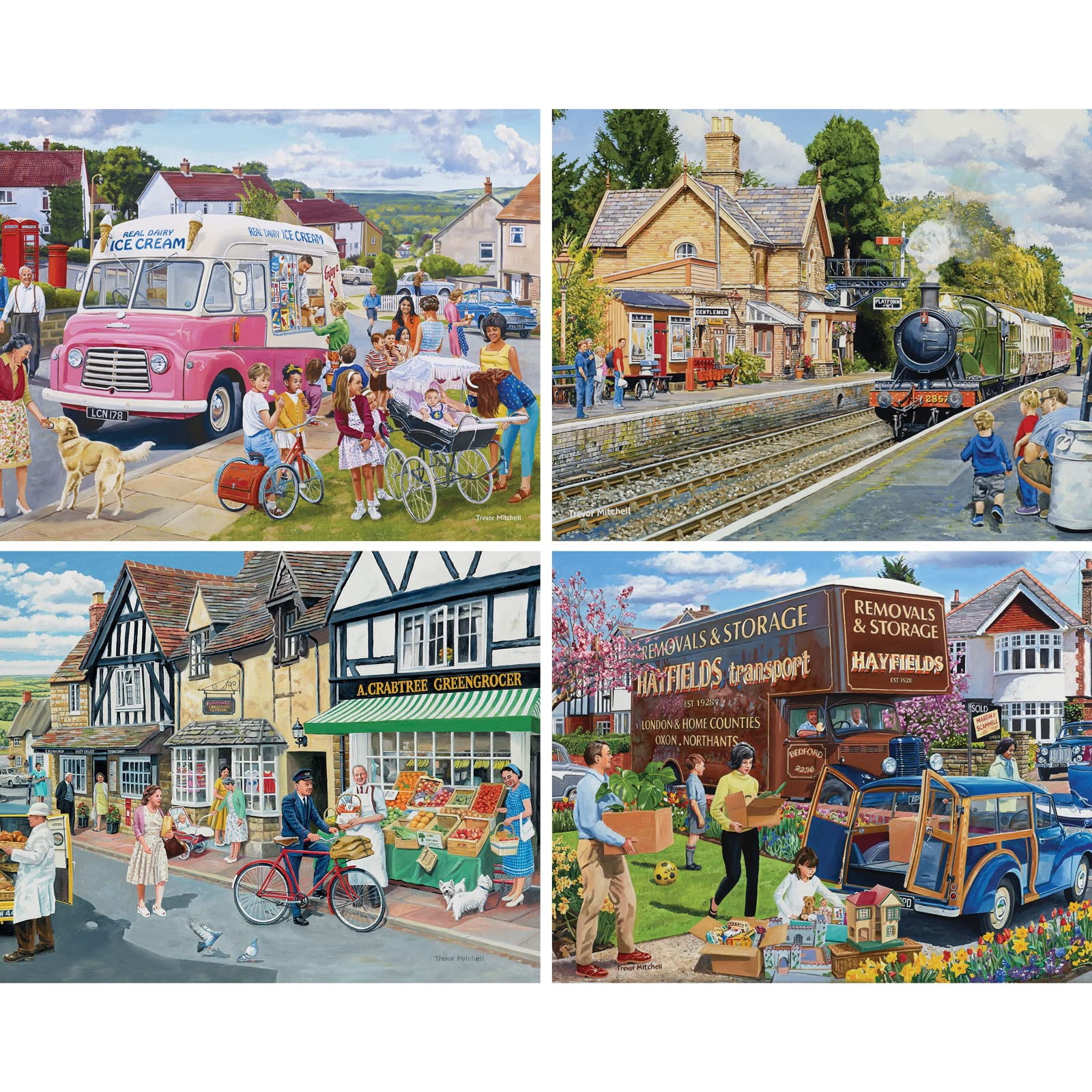 500 Piece Jigsaw Puzzle Set of 4 Town Collection by Trevor Mitchell 16”x20”