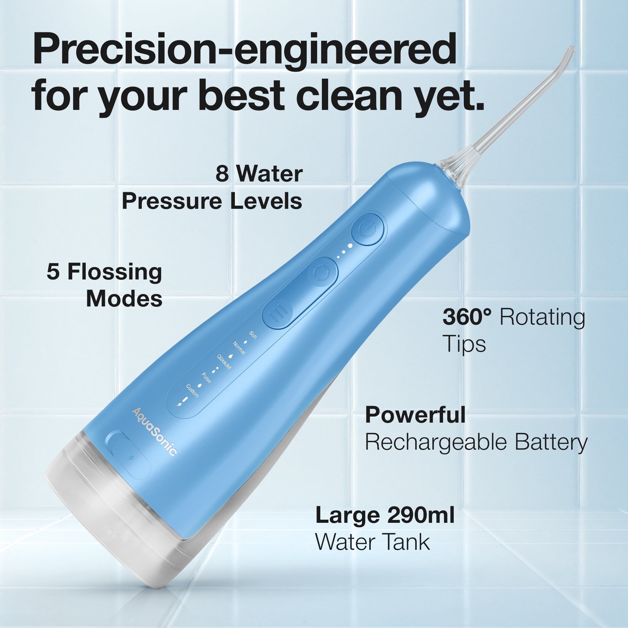 AquaSonic Precision Rechargeable Cordless Water Flosser with Travel Bag and 2 Standard Flossing Tips - Blue