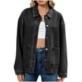 thumbnail image 1 of Enjoytime Light Jackets for Women Solid Color Long Sleeve Button Down Jean Jacket Fall Coat Tops, 1 of 5