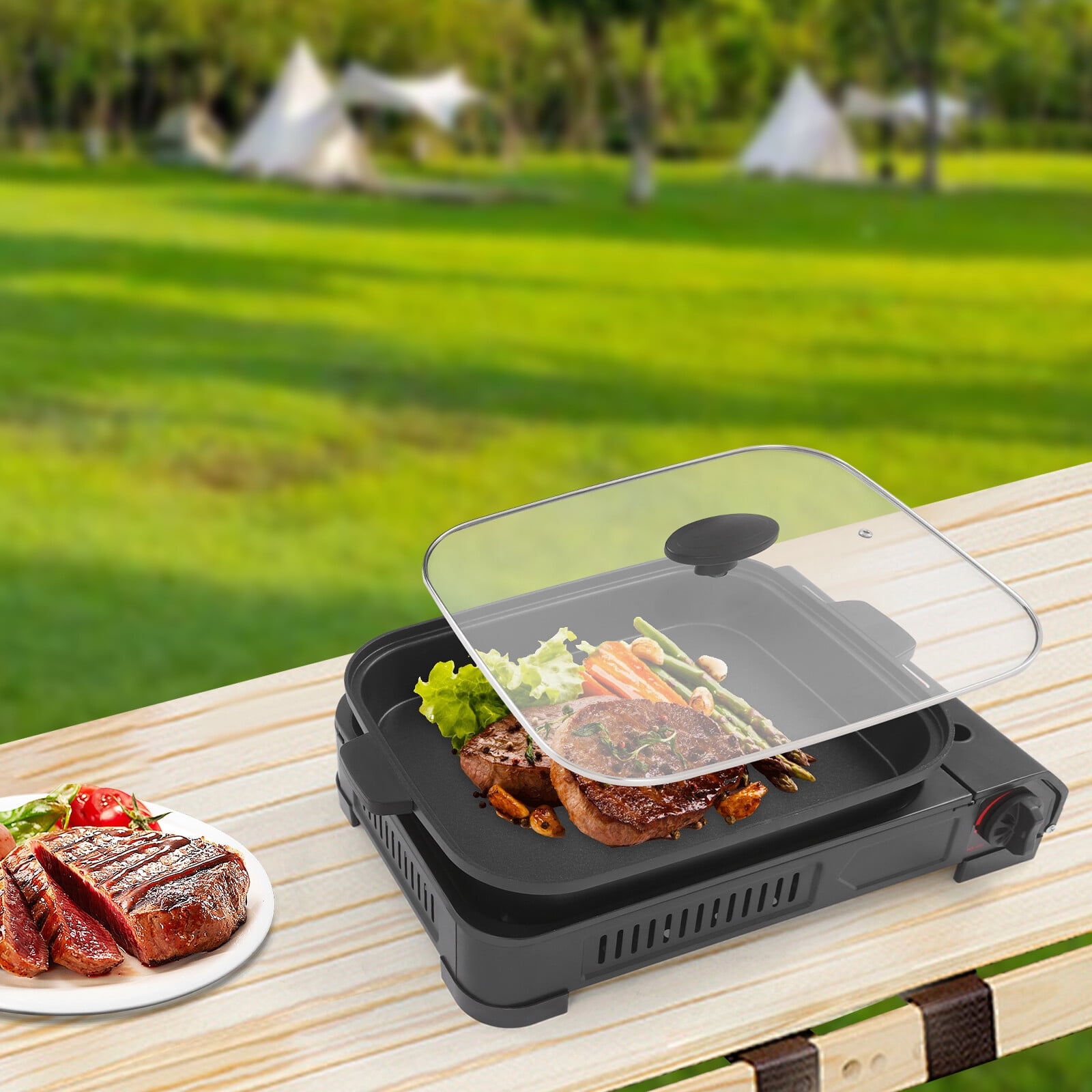 2in1 Stove with Grill Pan and Lid Portable Gas Stove Butane Gas Camping Stove for Camping Trips, Gathering