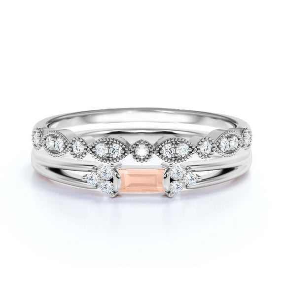 Classic Minimalist 1.50 Carat Baguette Cut Morganite And Diamond Moissanite Engagement Ring, Split shank Wedding Ring in 925 Sterling Silver With 18k White Gold Plating,Promise Ring, Bridal Rings Set