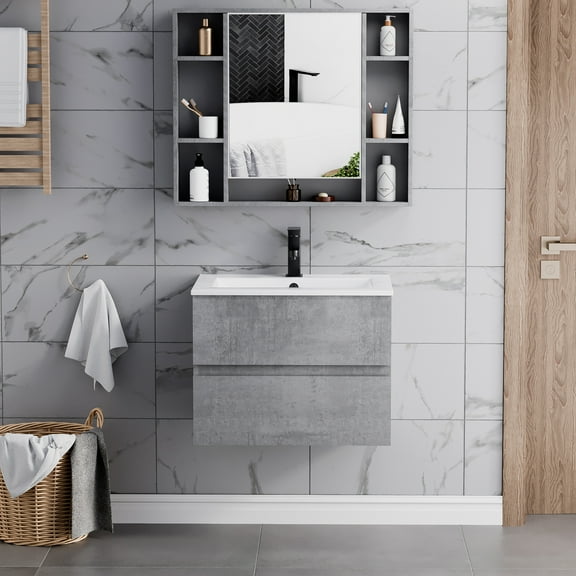 24" Wall mounted Bathroom Vanity with Ceramic Top, Cement Floating Cabinet
