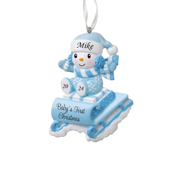 2024 Personalized Ornament Baby's First Christmas Baby Boy Snowbaby on Sled Christmas Tree Ornament Artisanal Customized Glittered Decoration Baby Ornaments-Free Personalization