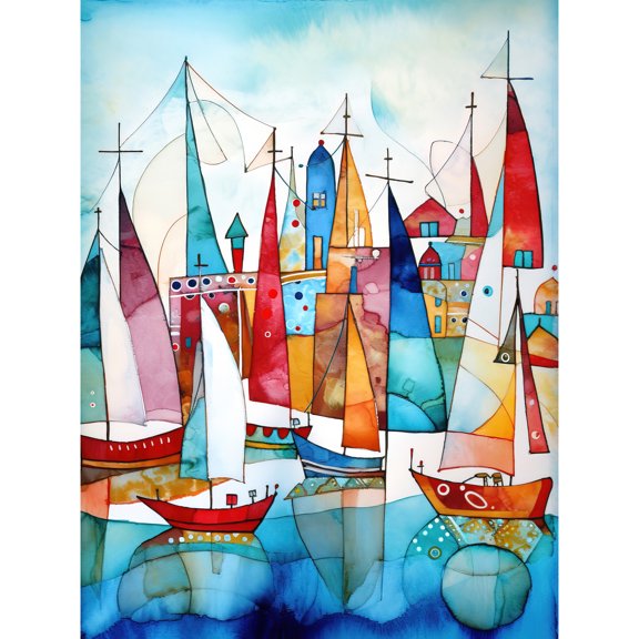 Harbour Boats Abstract Folk Art Watercolour Painting Unframed Wall Art Print Poster Home Decor Premium