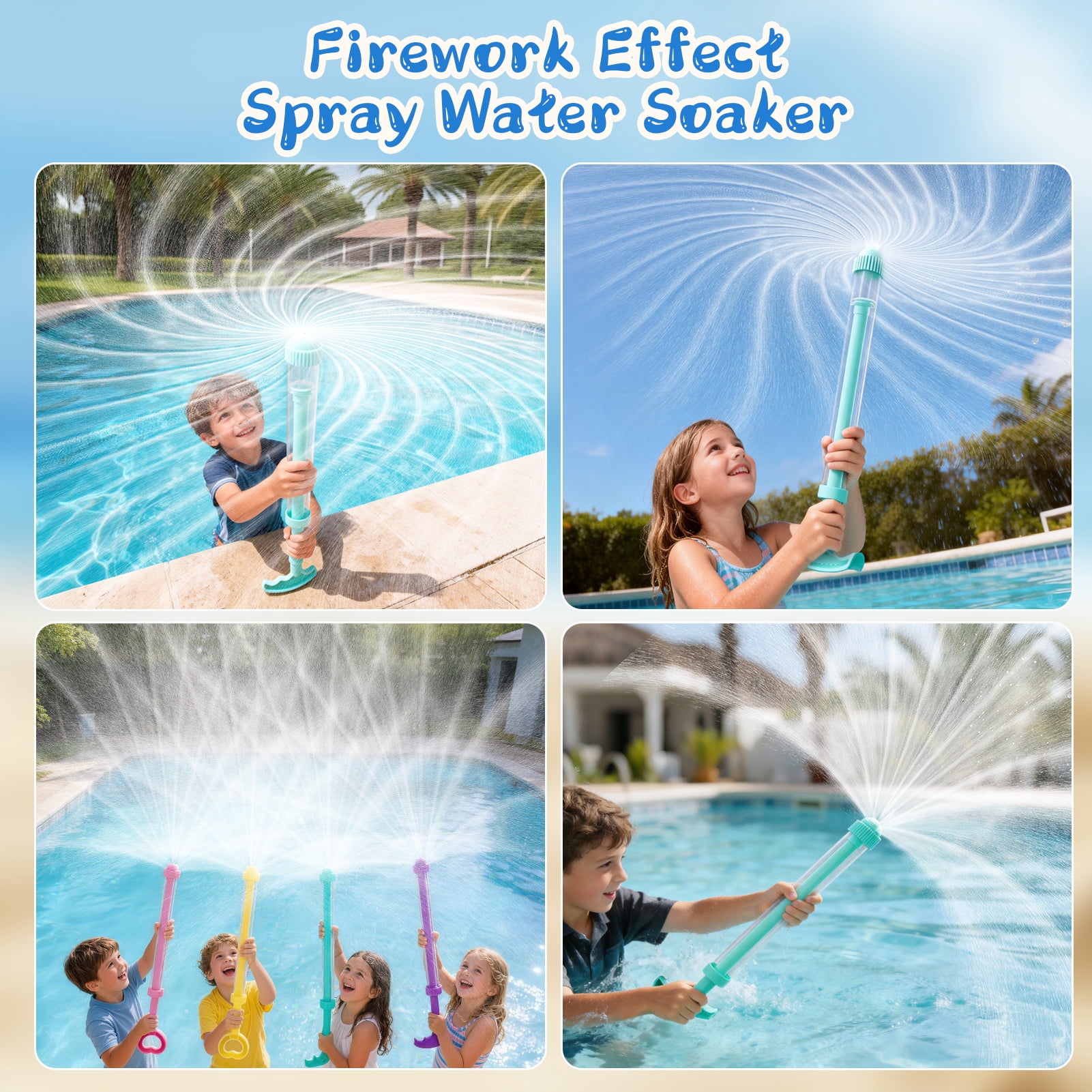 4 Pack Water Squirt Toys for Kids, Pull-Out Design Water Blaster Soaker, Creative Fireworks Spray Effect, Summer Pool Beach Party Favors, Outdoor Water Play Toys for Boys Girls Adults