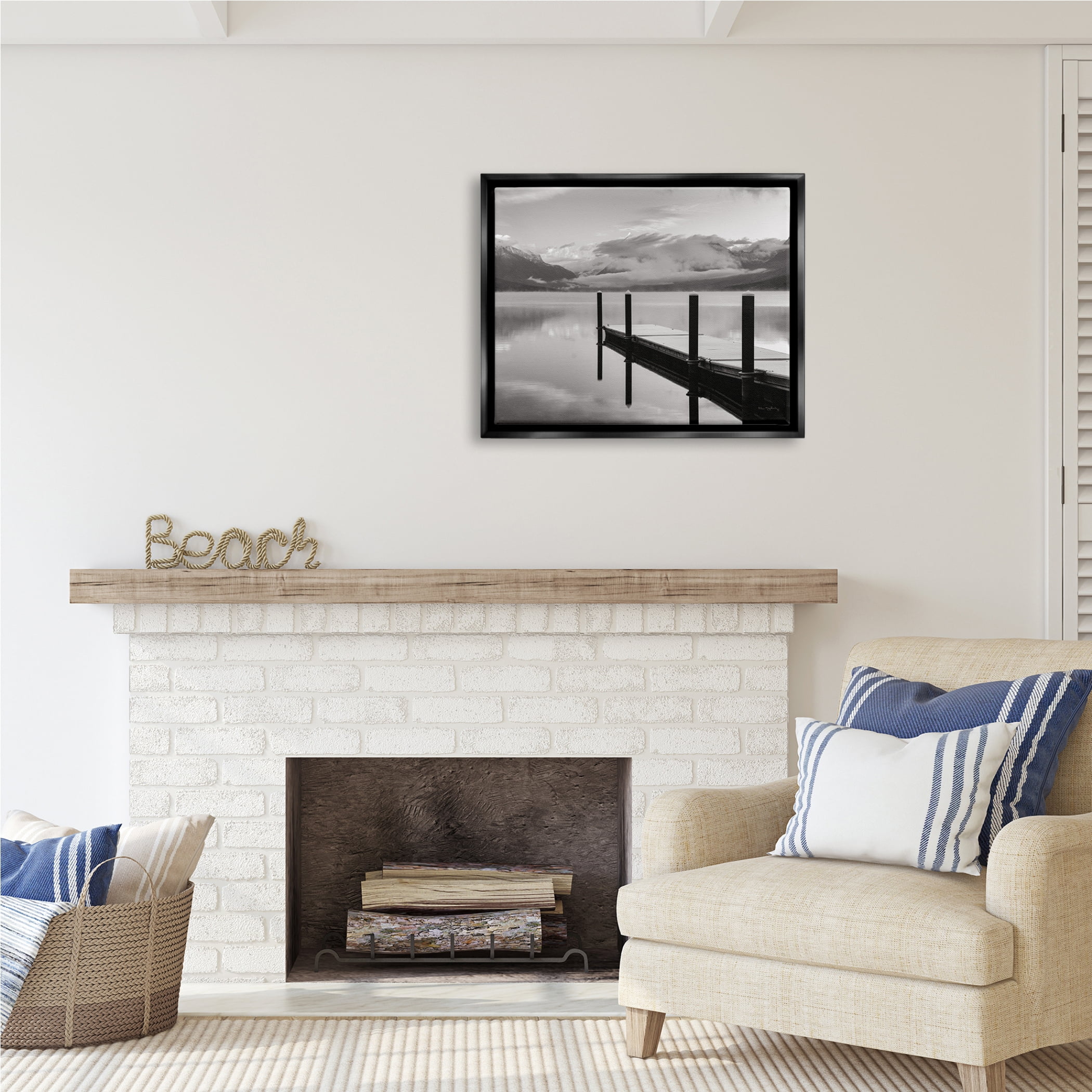 Stupell Industries Lakeside Mountain Dock Nature Photography Black Floater Framed Art Print Wall Art, 31 x 25