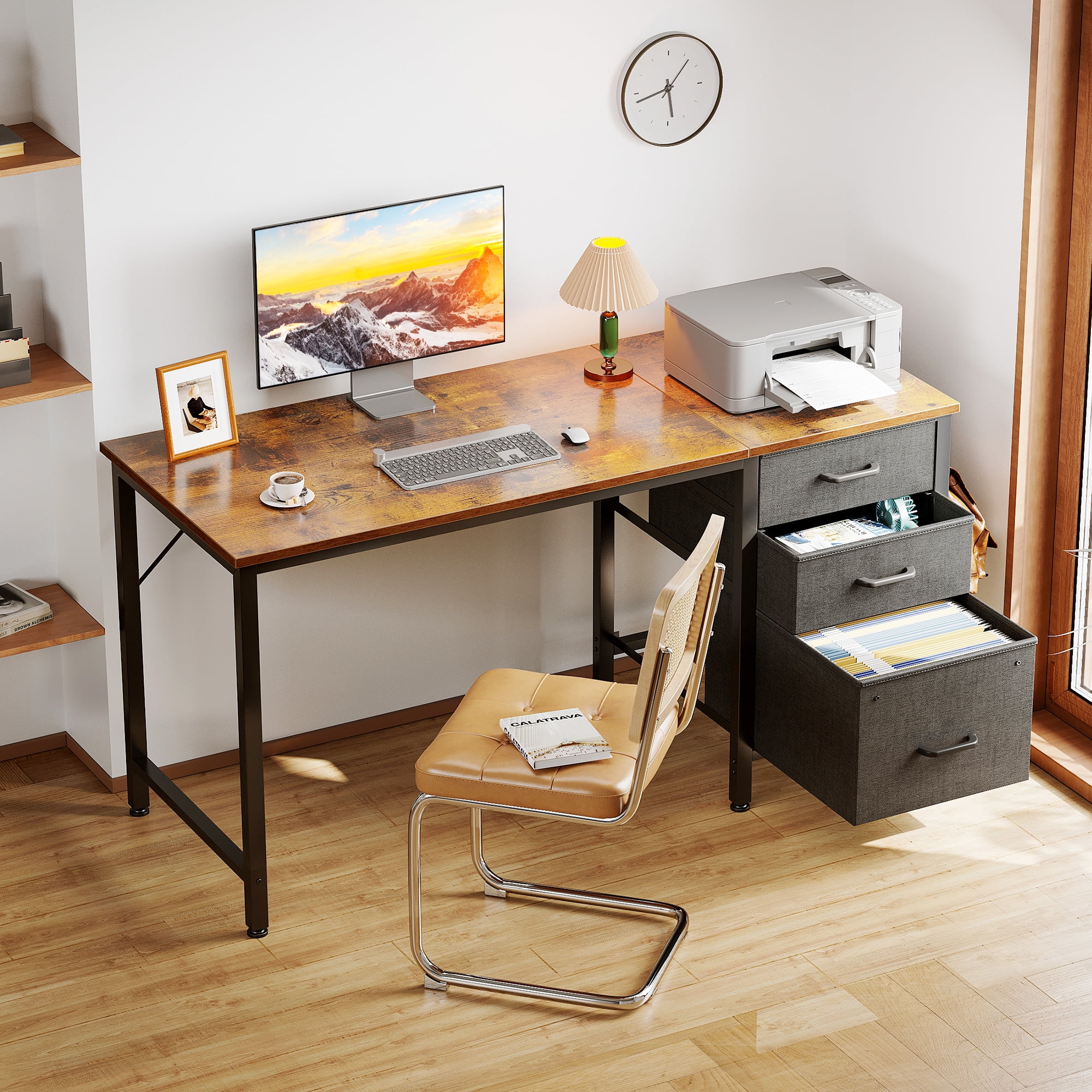 48 Inch Computer Desk with 3 Fabric Drawers, Home Office Desk with File Cabinet, Writing Desk for Work and Study, Vintage and Black