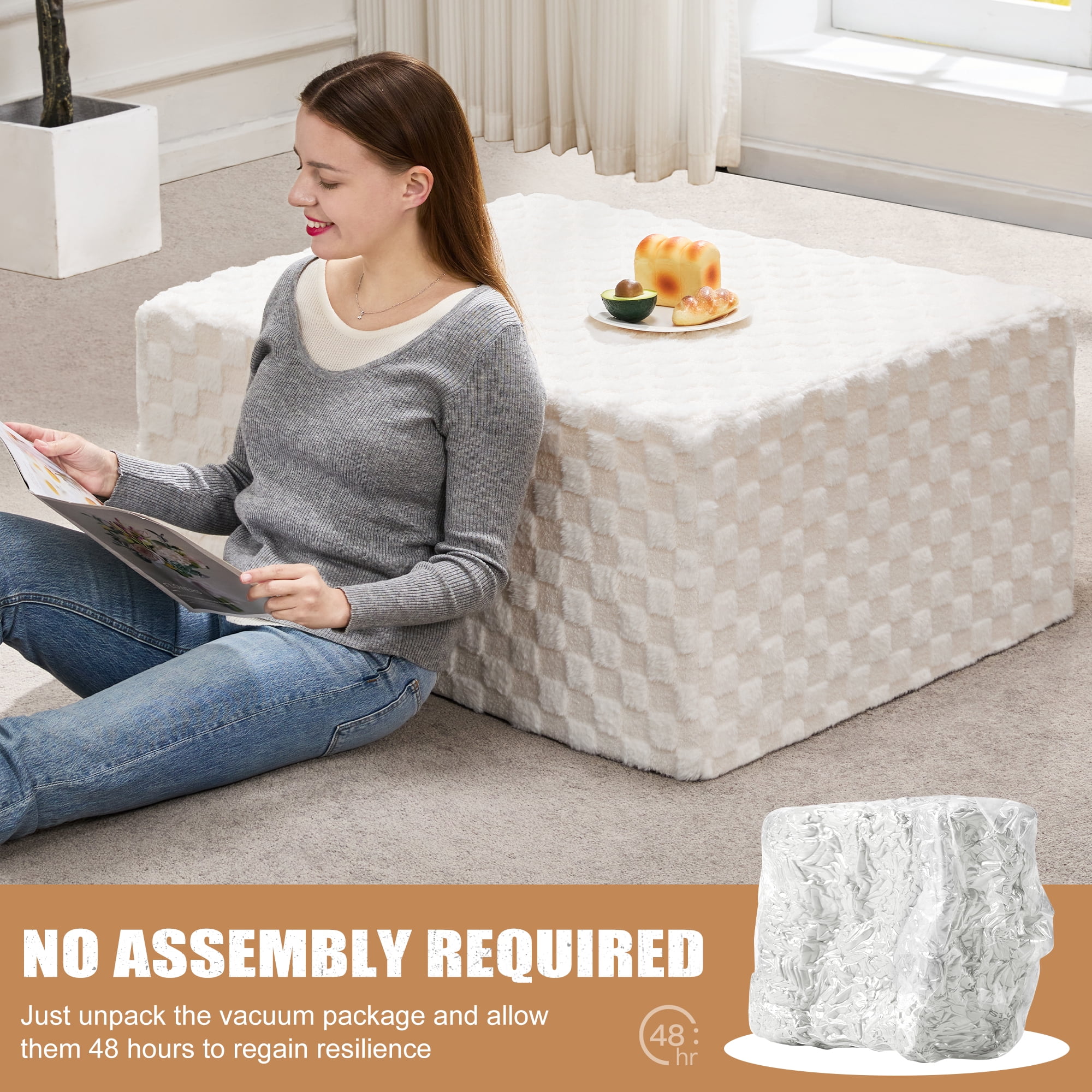 Hobestluk Rectangle Ottoman Memory Foam Footrest for Couch with Removable Cover Large Floor Seating for Adults Ottoman Coffee Table for Living Room, Bedroom or Office (STRIP WHITE, Footrest)