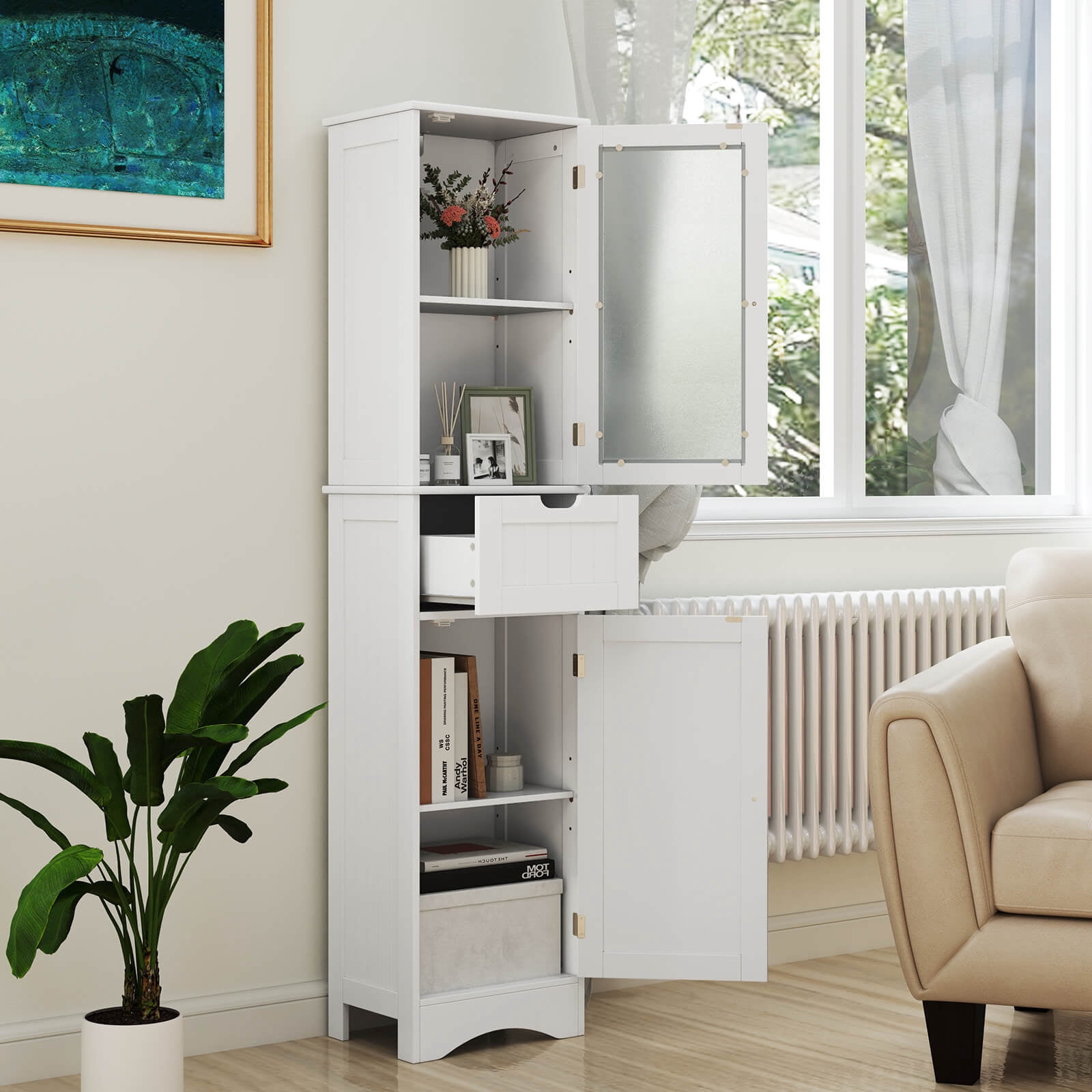 Costway 67" Tall Slim Bathroom Cabinet with 2 Adjustable Shelves 2 Doors and 1 Drawer White