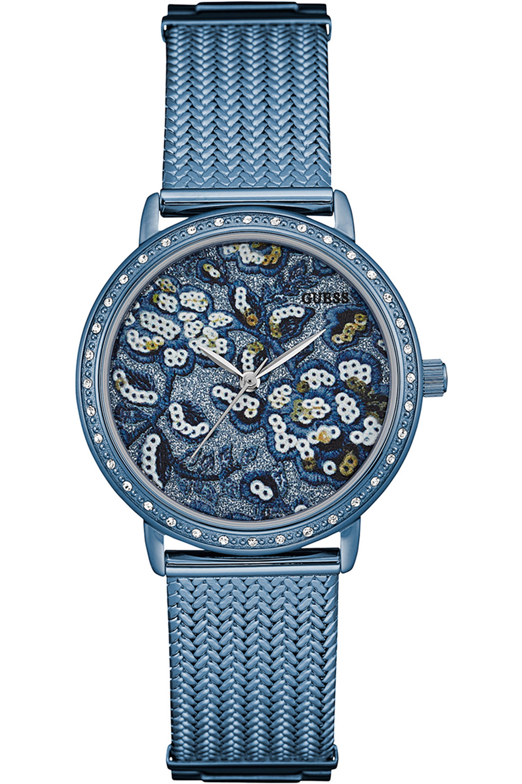 GUESS Women's W0822L3,Dress,Stainless Steel,Blue-Tone,Crystal Accented  Bezel,30m WR