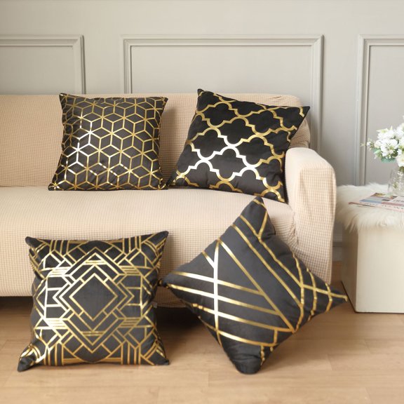 Efavormart Set Of 4 | 18" Black/Gold Foil Geometric Print Throw Pillow Covers, Velvet Square Sofa Cushion Covers