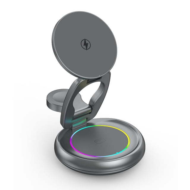 3-in-1 Magnetic Wireless Charger With Dynamic LED Lighting, 15W Fast Charging For IPhone Samsung AirPods, Adjustable 360° Foldable Design & Smart Safety Protection