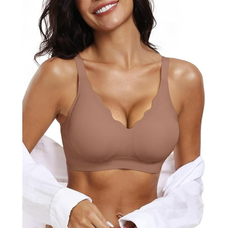 Womens Comfortable Wireless Bras Push Up Seamless Bralettes Soft V Neck Brassiere Scalloped Full Coverage Everyday Bra