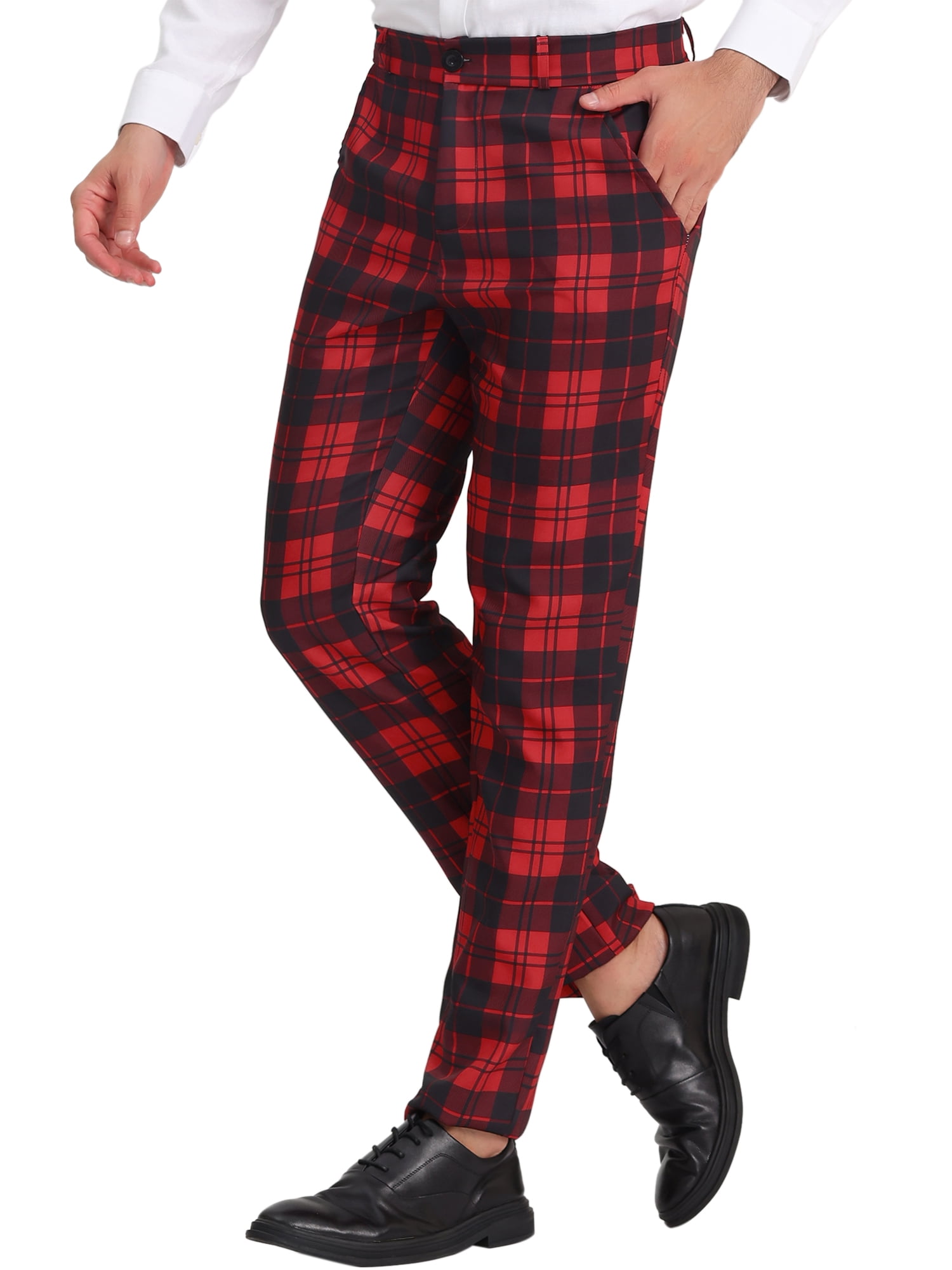 Unique Bargains Men's Plaid Slacks Regular Fit Flat Front Work Prom Checked Pants 30 Red