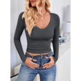 thumbnail image 3 of Long Sleeve Shirts for Women 2025 Fall Fashion V Neck Basics Crop Tops Slim Fitted Y2K Tops Outfits Clothes Grey S, 3 of 8