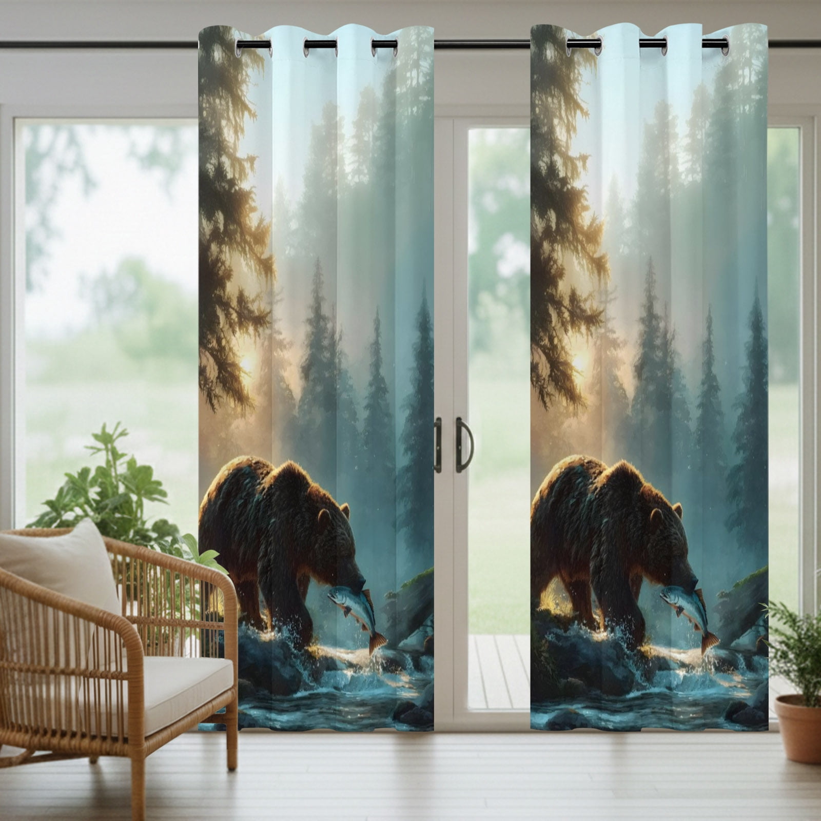 Bear Fishing Outdoor Curtains for Patio, Forest Stream Animals Sunshade Privacy Drapes Grommet Waterproof Outside Curtains for Porch/Cabana/Balcony 54"x 108", 1 Panel