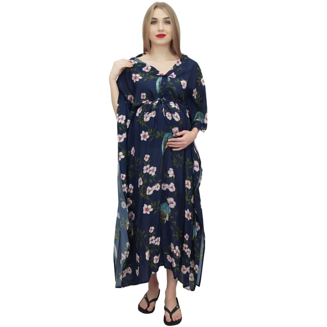 Bimba Kimono à Manches pour Maman Bleu Marine Kaftan de Maternité Robe Maxi à Cordon-12