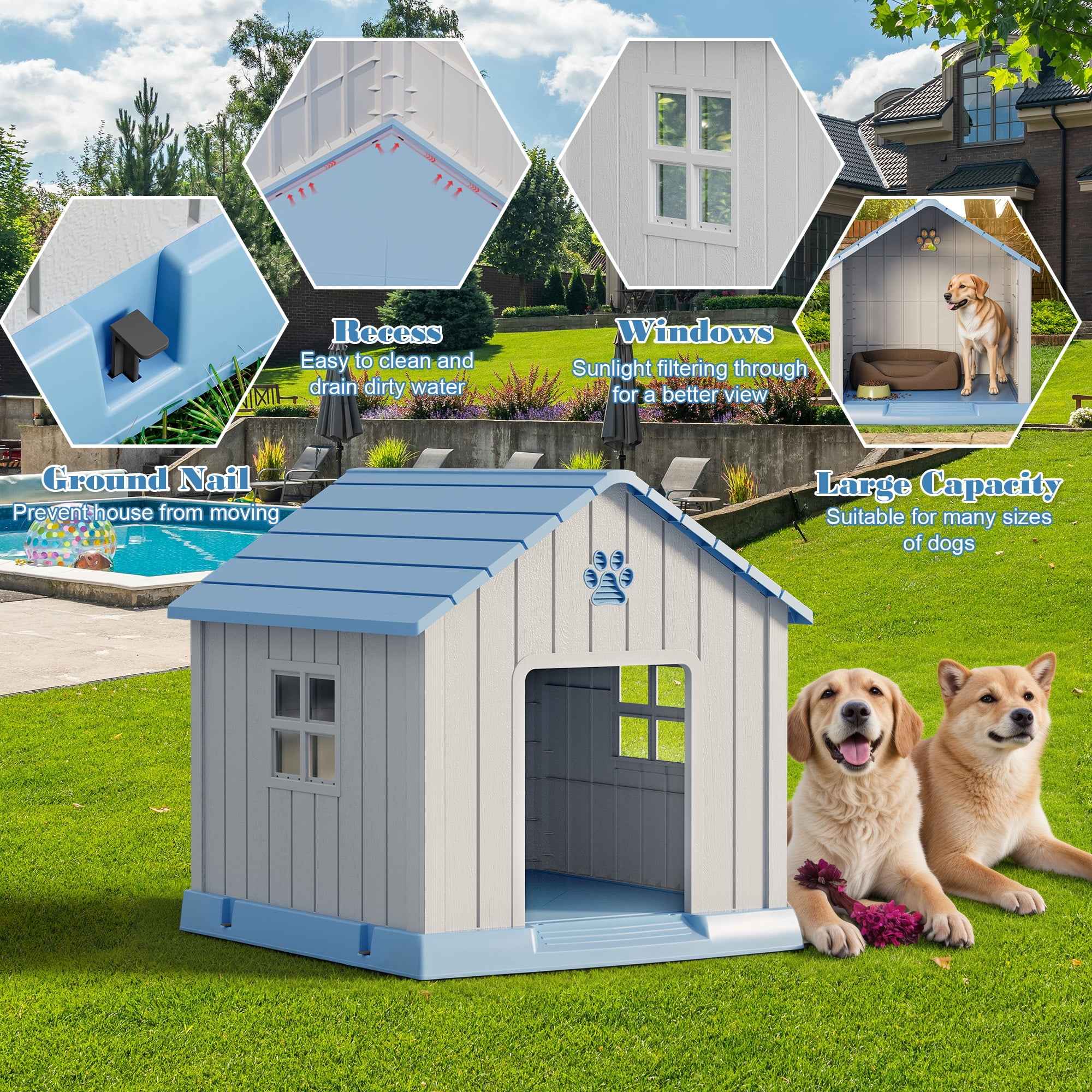 Bifanuo Durable Dog House, Indoor Outdoor Wateproof Doghouse, Pet Plastic Dog House for Small Medium Dogs,Grey and Blue ,31" L x 33.3" W x 33.5" H
