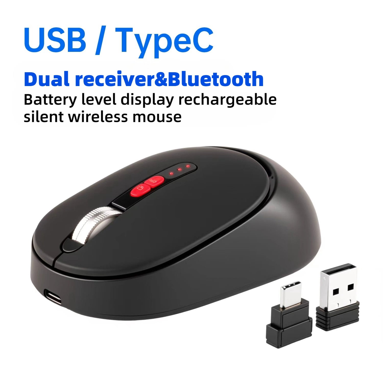 Type-C Dual Port Wireless Bluetooth Mouse, Rechargeable 2.4G/USB-C Mouse with Battery Display, for MacBook, Laptop, PC, Tablet, Phone