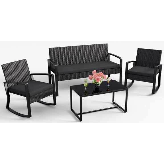 Noelse 4 Piece Patio Furniture Set, Outdoor Wicker Patio Furniture with Coffee Table and 2 Rocking Bistro Set for Backyard, Black