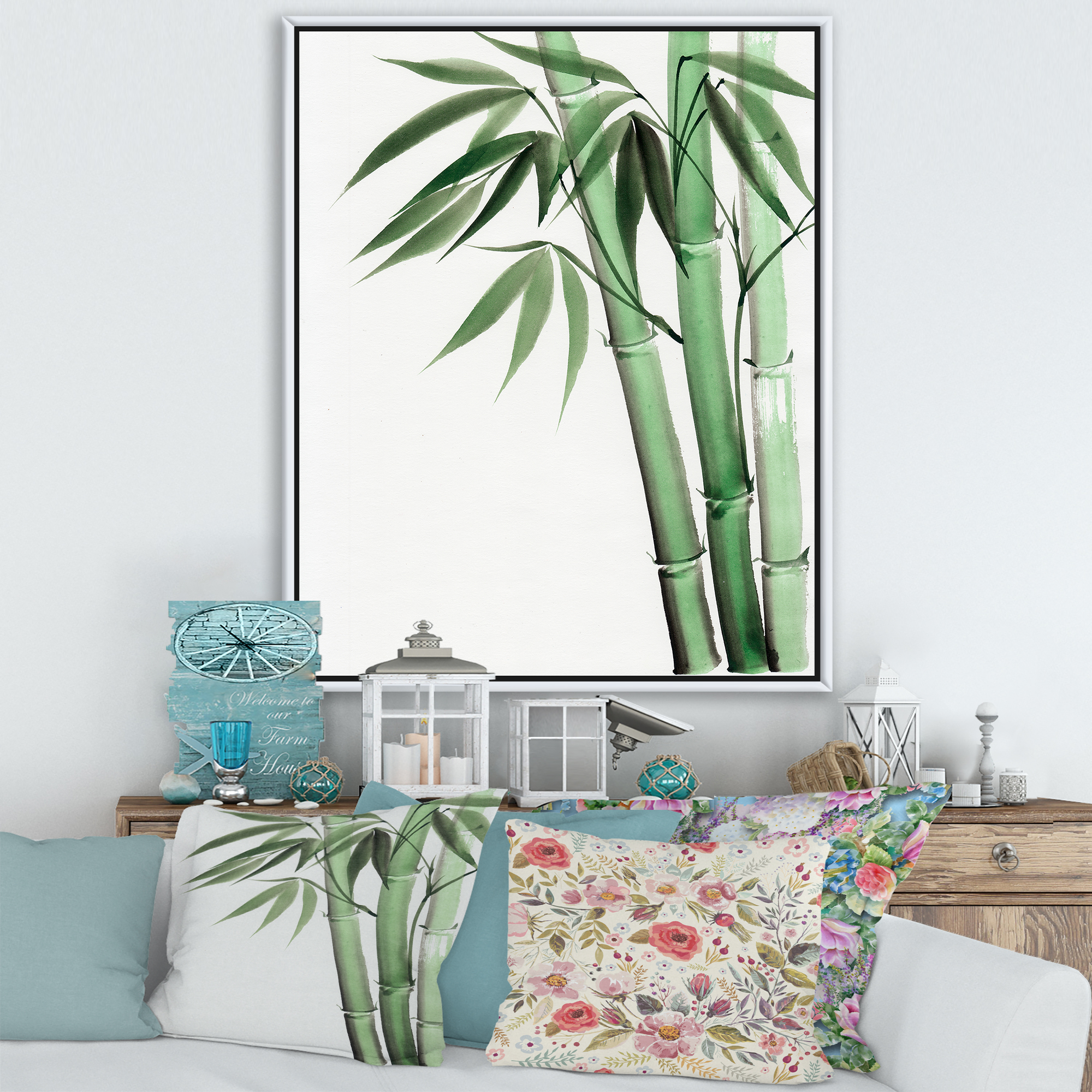Palm Bamboo Detail On White II 12 in x 20 in Framed Painting Canvas Art Print, by Designart