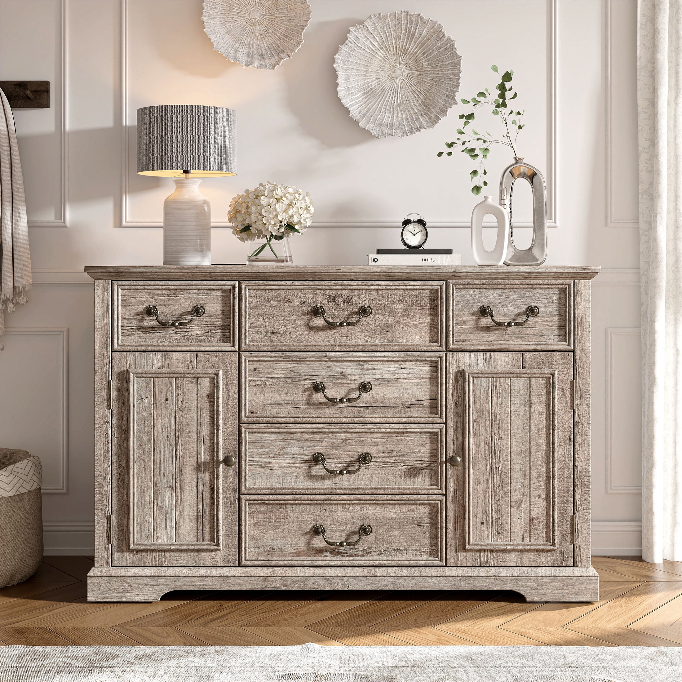 EnHomee 6 Drawers Dresser with Barn Door,Wooden Dresser for Bedroom,Rustic Chest of Drawers for Living Room Entryway Hallway,47.2" Wx33.5 H x15.7 D,Rustic Oak