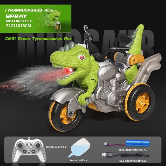 Coche de juguete teledirigido para niños, vehículo eléctrico de radiocontrol con pulverización de dinosaurio, triciclo
