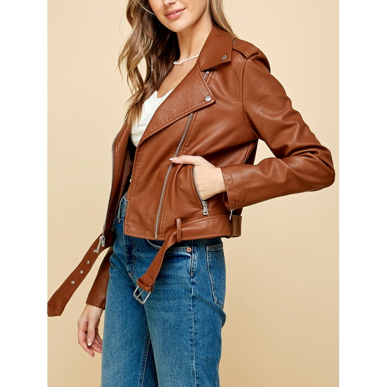 Made by Johnny Women's Asymmetrical Faux Lether Belted Moto Jacket