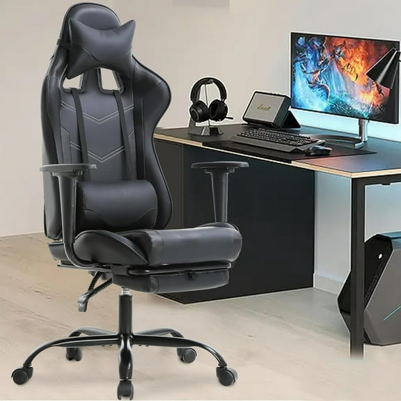 Gaming Chair with Footrest, Ergonomic Home Office Chair with Lumbar Support & Headrest Pillow, Height Adjustable Swivel Recliner Racing Computer Video Game Chair, Black