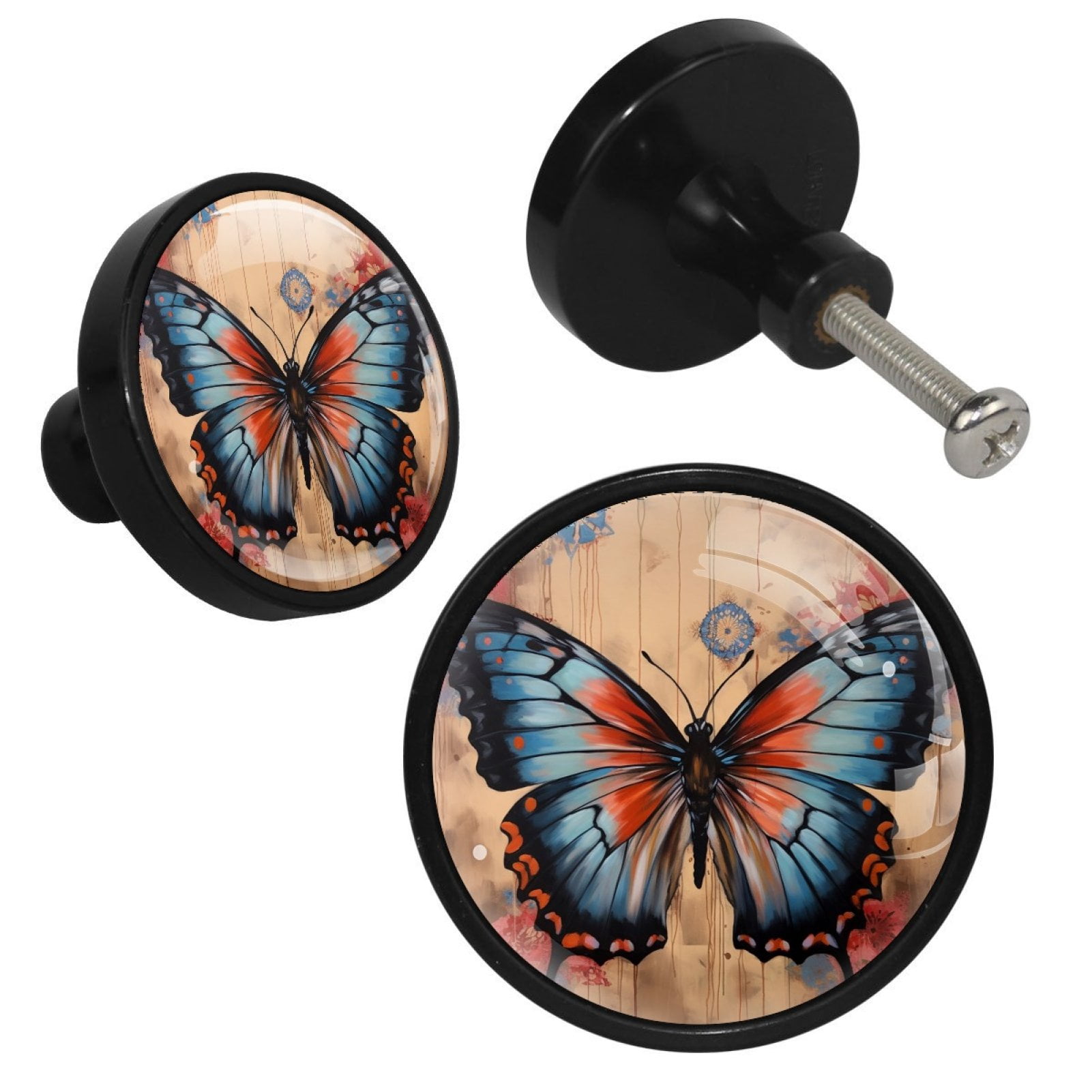4 Pack 1.3" Decorative Cabinet Knobs - Unique Design for Home Kitchen Bedroom Furniture Decor - Durable ABS Cabochon Glass Materials - Easy Installation - Blue Butterfly Ink Paint Flowers