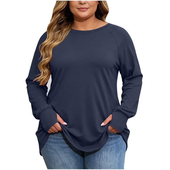 Virmaxy Plus Size Crew Neck Tunic Top Women Thumbhole Long Sleeve Raglan Shirt Solid Color Soft Knit Stretch Pullover for Fall Winter Yoga Daily Commute Outfits Navy
