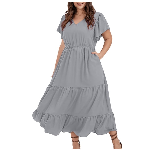 Vestido informal de talla grande para mujer con cuello en V, color liso, mangas con volantes y pliegues - Poliéster, moda de verano