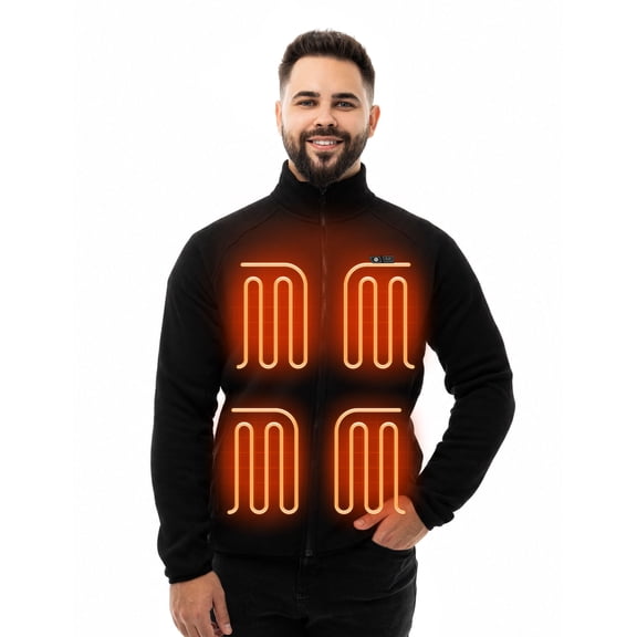 HENNCHEE Men's Heated Fleece Jacket with 12V 16,000mAh Battery, 5 Heating Zones & Dual Controls, Zip-Up Heated Sweatshirt, Black/X-Large